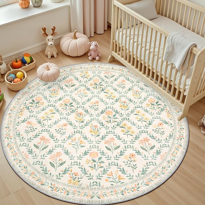PLHXFR Round Area Rug Living Room: 4 ft Floral Washable Carpet Beige Multi | For Bedroom Dining Room Farmhouse Nursery Hallway,Vintage Floral,Machine washable,Non Slip,Stain Resistant,Large Indoor