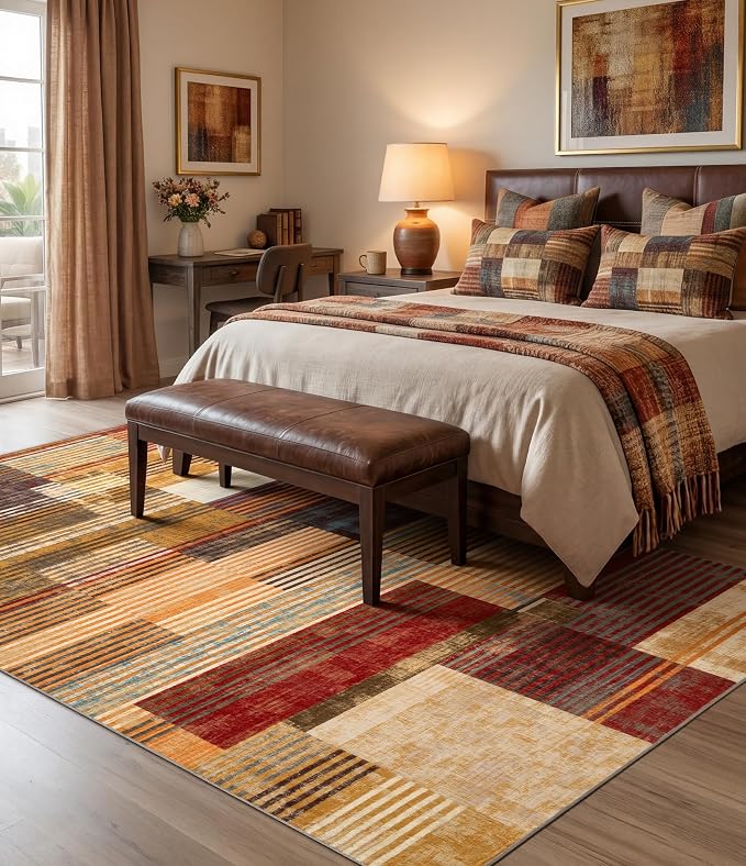 Brown Area Rug 6x9, Farmhouse Rugs Washable,Vintage Burgundy Carpets for Bedroom,Burnt Orange Area Rug Non Slip,Geometric Boho Rug for Kitchen,Dining Room