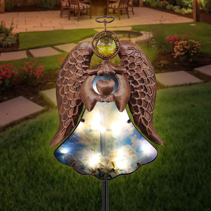 Solar Angel Garden Stake Light 32in, Iron Outdoor Decor with LED Cross Glass, Waterproof Memorial Yard Art, Easy Assembly Pathway Lighting for Patio Lawn