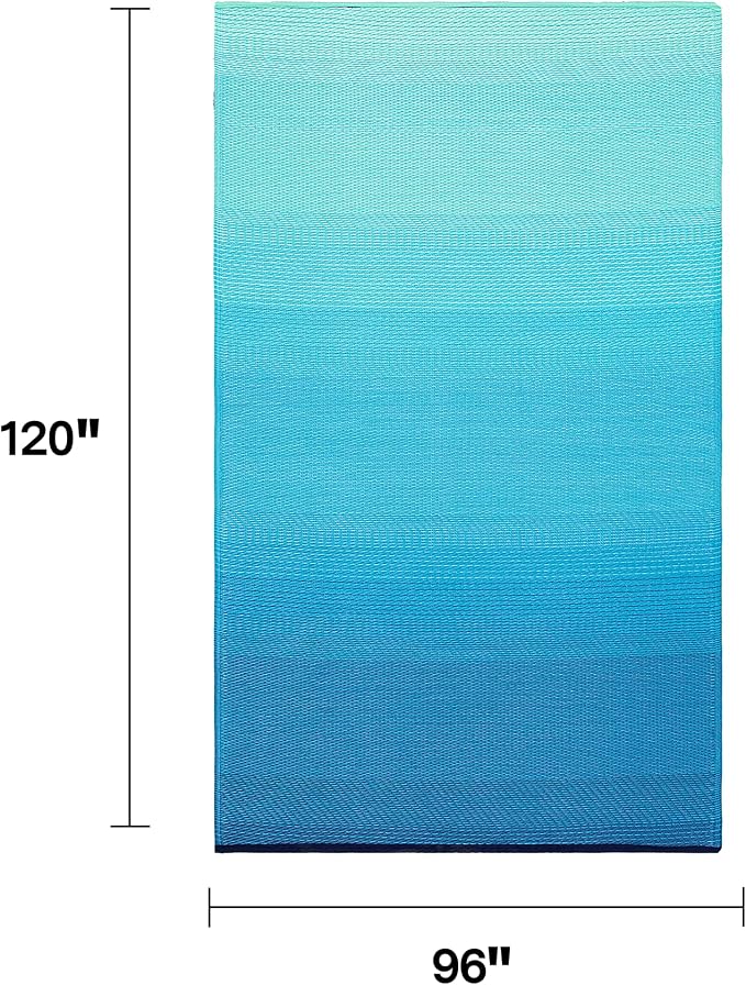 Fab Habitat Ombre Outdoor Rug - Waterproof, Fade Resistant, Crease-Free, Reversible - Premium Recycled Plastic - Patio Porch Balcony Deck - Big Sur Teal - 8x10 ft