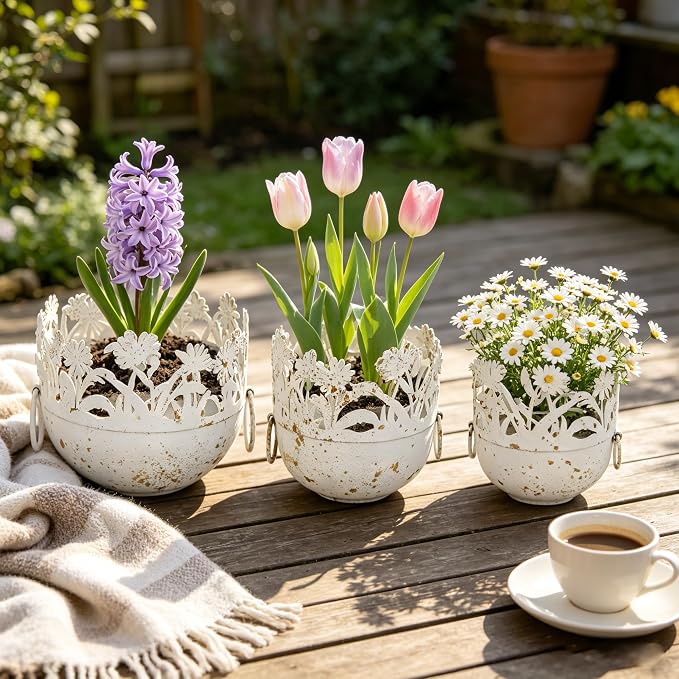 Vintage Metal Planter Set of 3, Rustic Distressed Flower Pots with Handles Farmhouse Floral Cutout Plant Containers for Indoor & Outdoor Garden Decor