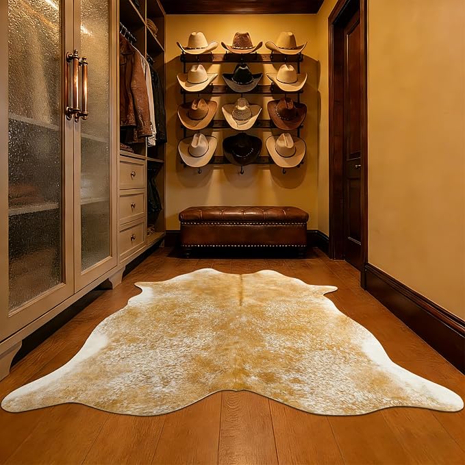 3x4Ft Beige Faux Cowhide Rug - Washable Non Slip Western Rustic Area Rugs for Living Room Bedroom, Small Cow Print Accent Rug, Layering Throw for Office Desk, Vintage Farmhouse Decor