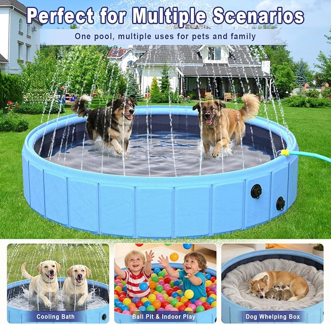 Foldable Dog Pool with Sprinkler, 97 in Extra Large Non-Slip Dog Pet Bath Pool, 2-in-1 Collapsible Pet Bathing Tub Kiddie Pool for Puppy Small Medium Large Dogs Cats and Kids