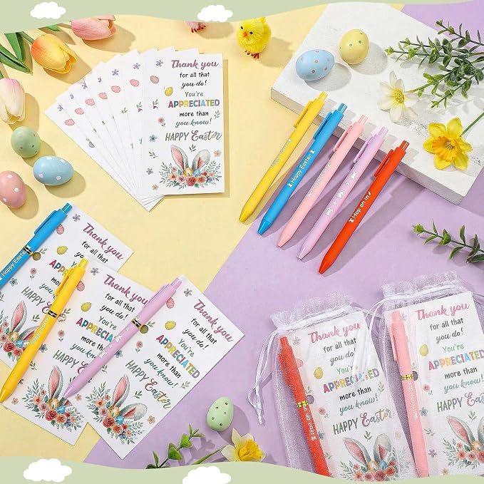 Marspark 30 Set Colorful Easter Gifts Bulk Happy Easter Ballpoint Pens and Bunny Eggs Greeting Cards with Bags Twist Ties Appreciation Gifts for Coworker Teacher Student School Office Party Favor