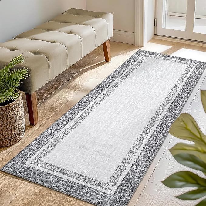 GAOMON Area Rugs 2x6 Modern Runner Rug Washable Bordered Entryway Runners Soft Faux Wool Carpet Contemporary Neutral Non-Slip Long Rug Runner Indoor Accent Hallway Kitchen Runners for Bedroom Grey