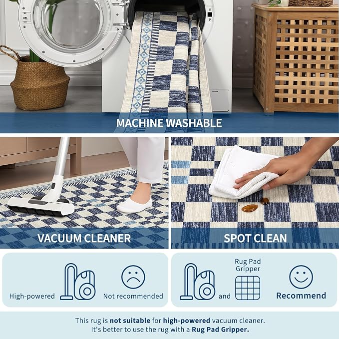 GarveeHome Runner Rug 2x10 for Kitchen Blue Contemporary Checkered Long Rug | Machine Washable Modern Abstract Runners for Bathroom Non-Slip Low Pile Easy-Clean Soft Area Rug for Bedroom Porch Hallway