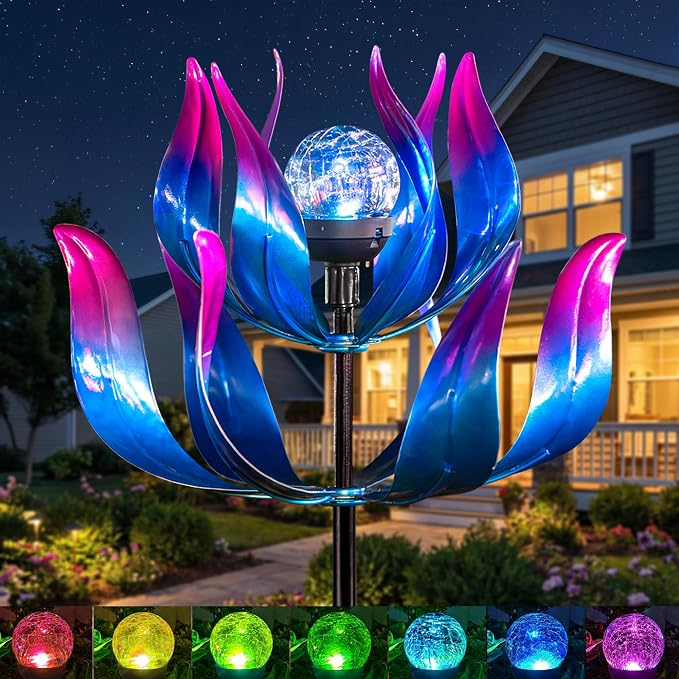 Solar Wind Spinner with Crackle Glass Ball, 7-Color Changing LED Light, Metal Kinetic Sculpture for Garden, Patio, Lawn Decor - Unique Outdoor Art for Yard