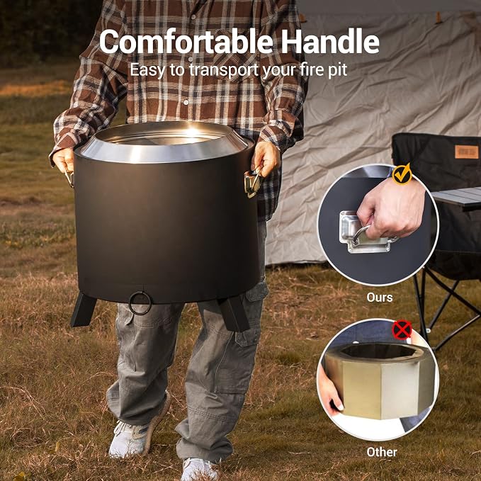 Rock&Rocker Smokeless Fire Pit, 304 Stainless Steel, 18.5 Inch Outdoor Bonfire Firepit, Fire Pits for Outside, with Removable Ash Pan, Portable Handle & Waterproof Cover, for Backyard Party, BBQ
