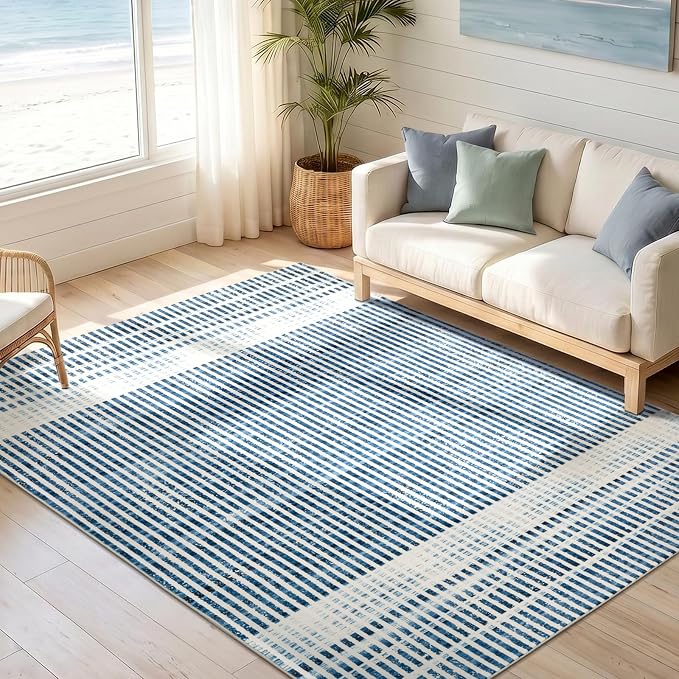 Washable 6x9 Modern Striped Area Rug, Abstract Living Room Rug | Beige Blue, Soft Low Pile, Skin Friendly, Non-Slip for High Traffic, Bedroom Vintage Coastal Nautical Style Home Decor