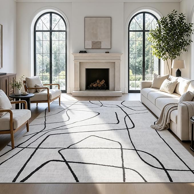 8x10 Washable Modern Abstract Black White Area Rug | Ultra-Thin Low Pile, Non-Slip TPE Backing, Soft Stain Resistant, Machine Washable, for Bedroom Livingroom High Traffic