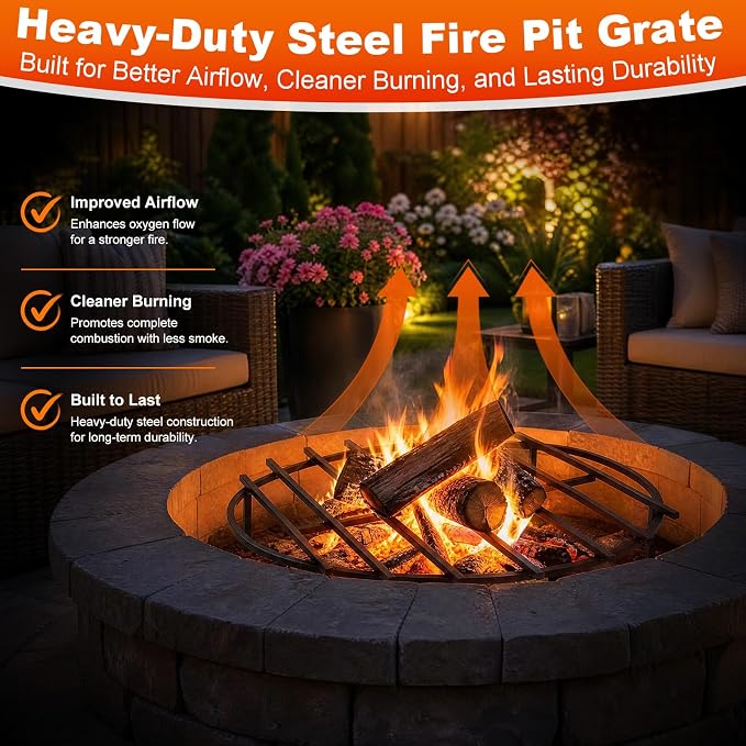 30 Inch Fire Pit Grate Round Heavy-Duty Solid Steel Fire Pit Grate with Elevated Legs, Multi-Functional Log Holder for Fireplace Outdoor Camping, Backyard Barbecue, Cooking