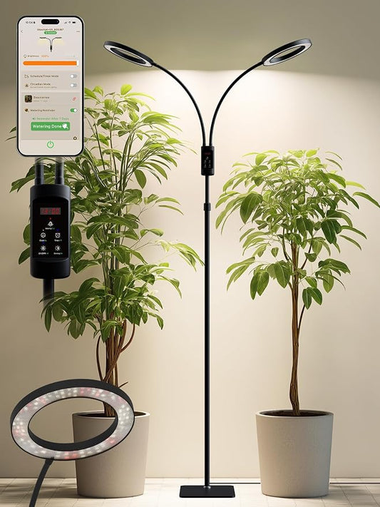 Smart Grow Lights for Indoor Plants, Plant Light with Auto-Timer, Full Spectrum LED Grow Light, Adjustable Height & Stepless Dimming,Plant Assistant Suitable for Most Plants (Black, Dual Heads)
