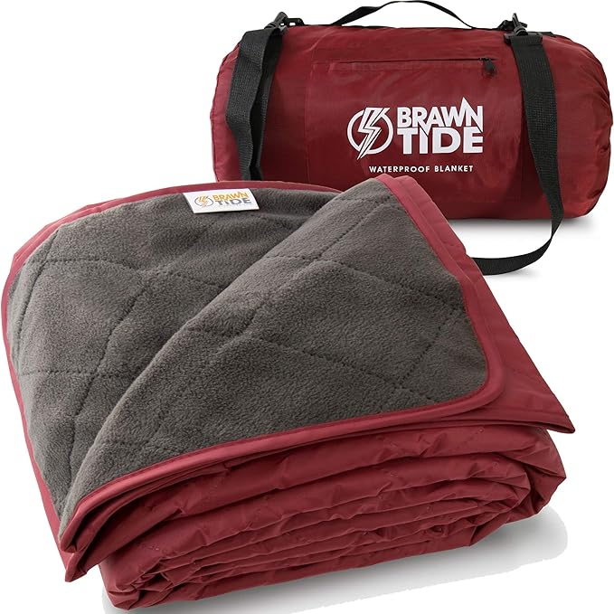 BRAWNTIDE Large Waterproof Outdoor Blanket, Extra Thick Fleece, Warm, Windproof & Sandproof, Quilted Stadium Blanket for Sports Events, Beach, Camping, Picnics, Dogs & Car, 82" x 55