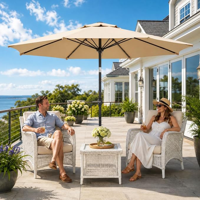 Sannwsg 9/10 FT Patio Umbrella Outdoor with 8 Premium Fiberglass Ribs, Push Button Tilt and Crank, UV Protection Table Market Umbrella for Pool, Porch, Garden, Deck, Backyard, Outside