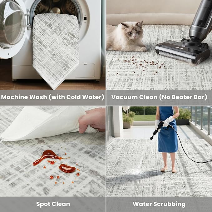 10x14 Washable Area Rug for Living Room Bedroom: Non-Slip Modern White Gray | Machine Washable TPR Backing, Stain-Resistant Low Pile, Pet & Kid Friendly, Abstract Decor for Dining Room, Dorm, Home Office