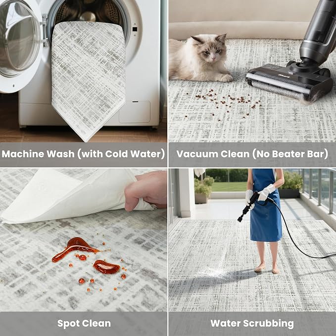 5x7 Washable Area Rug for Living Room Bedroom: Non-Slip Modern White Gray | Machine Washable TPR Backing, Stain-Resistant Low Pile, Pet & Kid Friendly, Abstract Decor for Dining Room, Dorm, Home Office