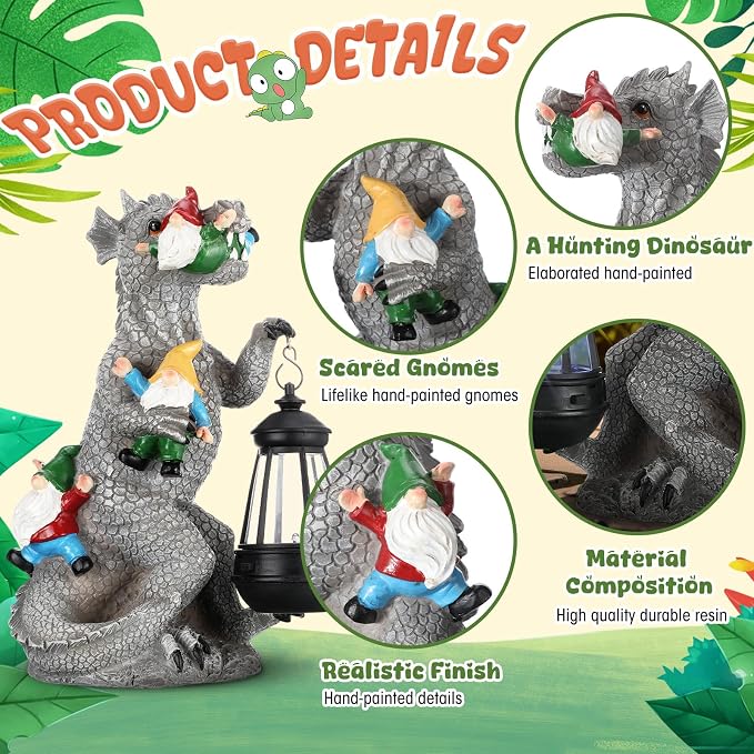 Garden Statue Decor with Solar Lantern Dinosaur Eating Gnomes Garden Statues Outdoor Decor 12” Dinosaur Gnomes Garden Statues Gnomes Statues Gardening Gift for Outdoor Patio Yard Decoration
