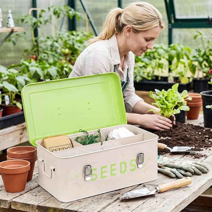 Seed Storage Organizer with Lid, Metal Seed Bin Seed Packet Container with 100 Plant Labels 50 Seed Envelopes 50 Plant Clips 1 Marker Pen, 4 Compartments Box with Locks