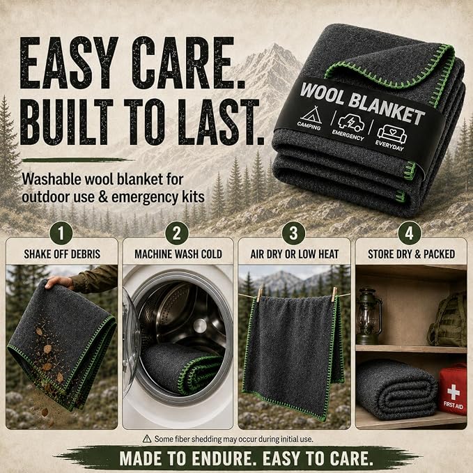 Wool Camping Blanket - 70% Wool Heavy-Duty Military Style Throw, Warm & Washable, Fire Retardant Cover for Emergency, Survival & Outdoor Use - Perfect for Camping, Car, Home & Hiking, Grey 66x90