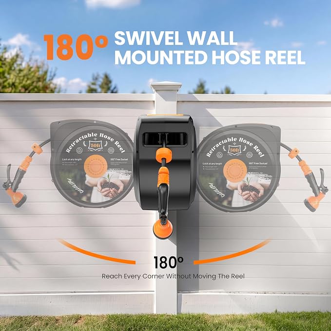 Retractable Garden Hose Reel, 1/2 in x 50 ft Wall Mounted Hose Reel Heavy Duty with 10-Function Sprayer Nozzle, Any Length Lock, Slow Return System, 180°Swivel Bracke for Large Yard Lawn Car Washing