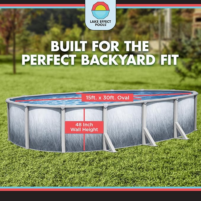 Lake Effect Pools 'Bermuda' 15 ft x 30 ft Oval Above Ground Swimming Pool | 48 Inch Resin Protected Steel Sided Walls | Bundle Includes: 25 Gauge Overlap Liner & Widemouth Skimmer