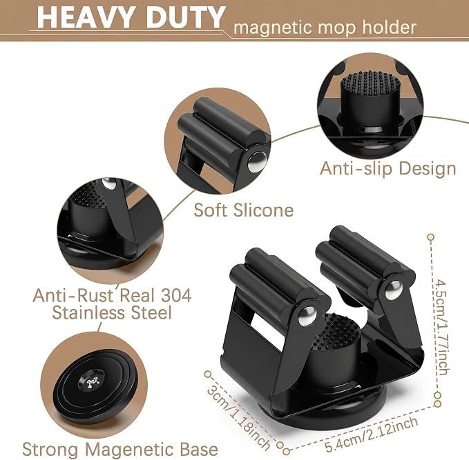 3-H Magnetic Broom Holder 8pcs, Stainless Steel No Drill Mop Holder Wall Mount with 4 Mini Magnetic Hooks, Movable Magnet Tool Organizer for Garage Laundry Kitchen Garden RV,Black