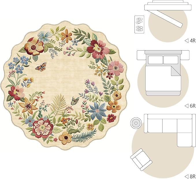 FMFUNCTEX 5ft Round Washable Beige Boho Scalloped Area Rug for Living Room | Floral Vintage Flower Colorful Traditional Soft Cream Small Non Slip Low Pile Circle Rug Neutral Dining Room Bedroom Entryway