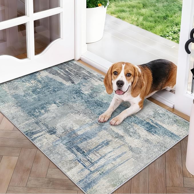 2x3 Abstract Washable Bath Mat: Blue Non Slip Small Rugs for Bathroom | Kitchen Sink - Soft Low-Pile Carpet Modern Doormat for Front of Entryway Home Decor 2x3 Blue