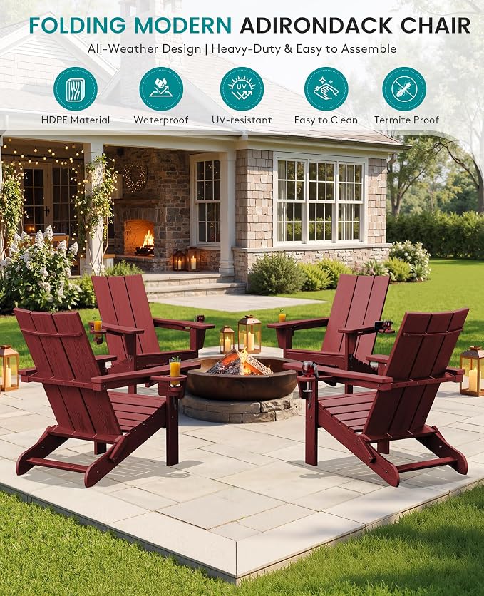 SERWALL Modern Folding Adirondack Chair Set with 9 Ft Umbrella, Folable Adirondack Chairs Set of 2 with Cup Holders, HDPE Fire Pit Chairs for Patio Lawn Garden, Red (Umbrella Base is not Included)