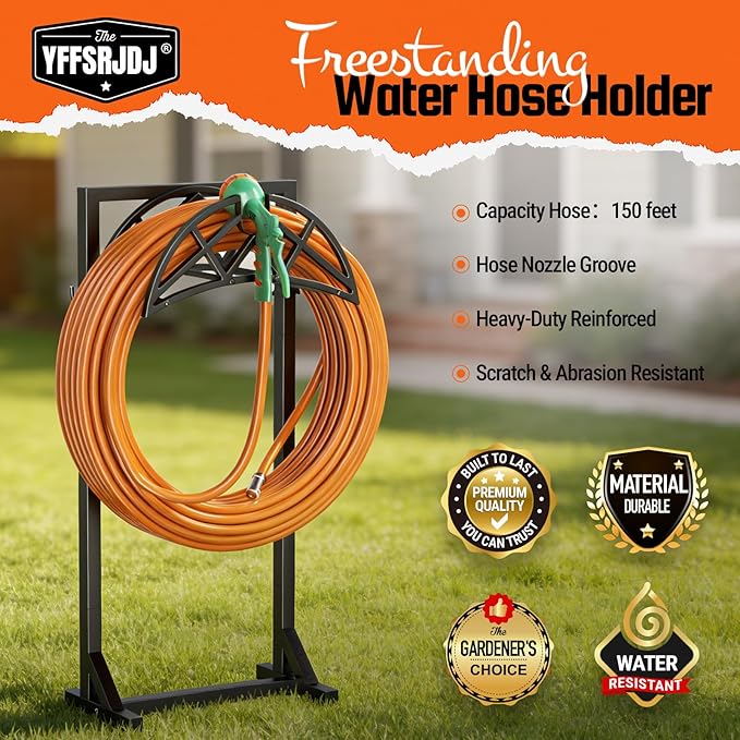Garden Hose Holder, Heavy-Duty Metal Stand with Stable Base & 2 Tool Hooks, Freestanding Storage Rack for Outside, Holds 150ft – Hose Holders for Yard & Lawn