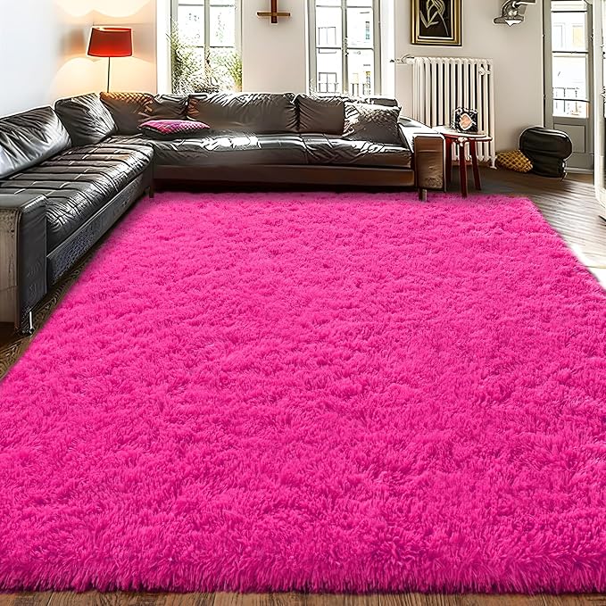 Soft Shag Rugs for Girls Bedroom, Fluffy Washable 4x6 Hot Pink | Upgrade Non-slip, 4 x 6 Shaggy Rugs for Living Room, High Pile Fuzzy Plush Carpet Kids Room Dorm, Flame Resistant