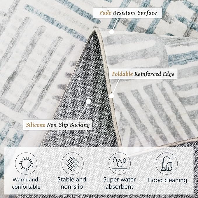 Non-Slip Washable Entry Rug 2x3 Abstract Geometric Textured Brushstroke - Neutral Gray & Light Blue Modern Minimalist Hallway Runner Rug, Decorative Carpet for Living Room Bedroom Home Decor