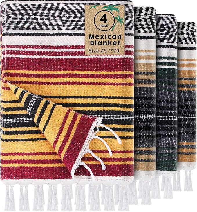 Oudain 4 Pack Mexican Blankets 45 x 70 Inch Woven Serape Throw Blanket, Baja Yoga Blanket for Beach Picnic Camping Boho Couch Decor Travel Outdoor (Fall Color)