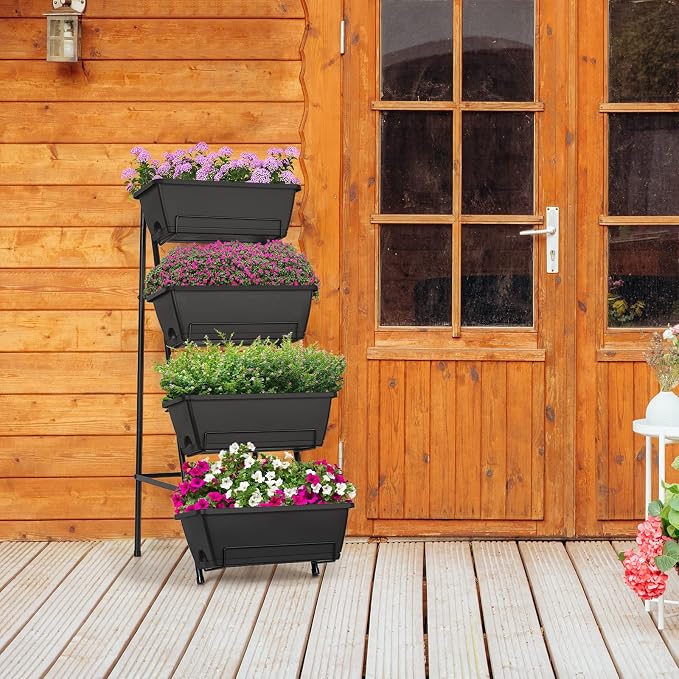 OYEAL Raised Garden Bed 4 Tier Vertical Garden Planters Indoor Outdoor Raised Planter Box with Legs Elevated Herb Garden Planter for Flowers Vegetables Plants, Black