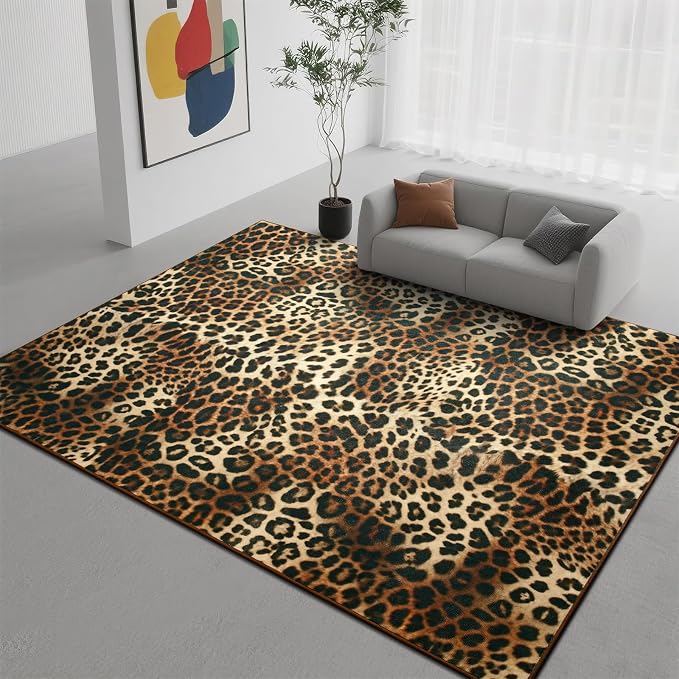 DweIke Leopard Rugs for Living Room, 5x7 Cheetah Print Rug for Bedroom Decor, Washable Non-Slip Stain Resistant Faux Animal Throw Carpet for Dining Room Office Western Home, Dark Brown