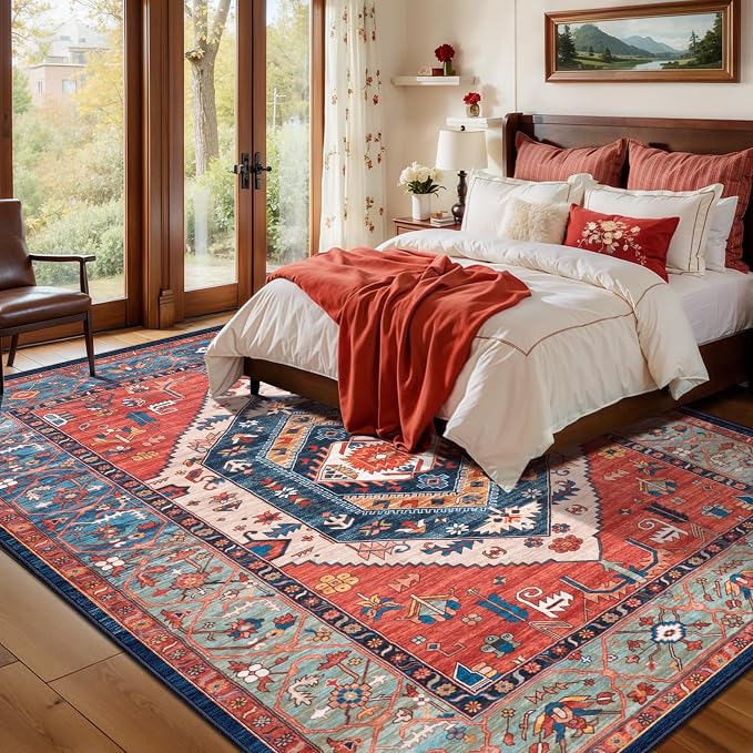SERISSA 6x9 Washable Non Slip Boho Area Rug for Living Room，Rust | Ultra Soft Vintage Oriental Carpet Low-Pile Distressed Tribal Throw Carpet for Dining Room Bedroom Dorm Office Home Decor