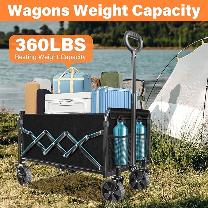 Wagons Carts Foldable, Collapsible Wagon Cart with Wheels - Beach Wagon Cart with Wheels for Sand Sports Camping Grocery