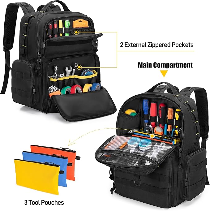 Rexmica Tool Bag Backpack for Men with 3 Tool Pouches, Heavy-Duty Tool Storage Organizer Bag with Padded Shoulder & Waist Support, Tactical Work Tool Bag for Electrician, Repairman, HVAC Techs, Black