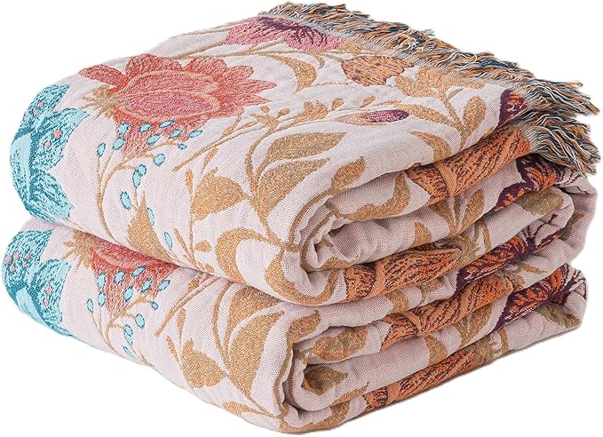 Phuryllic Boho Throw Blanket Queen Size, Soft Cozy Cotton Muslin Quilt Blanket for Bed Decor, Floral Patterned Couch Sofa Chair Cover, Vintage Farmhouse Cottage Tapestry Woven Blanket, Coral&Green