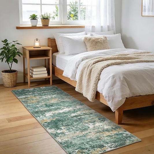 ROYHOME Abstract Runner Rugs 2x8 for Hallway Kitchen Green | Low Pile Ultra Soft Stain Resistant Non Slip Non Shedding Throw Rug for Bedroom Home Decor