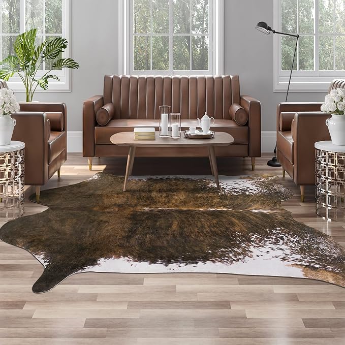 AROGAN Faux Cowhide Rug, Cow Print Large Animal Rug, 6x7.2 Ft Saddle Brown | Premium Cow Hide Carpet, Western Rug for Bedroom Living Room Decor, Durable Faux Cow Skin Cowhide Area Rug