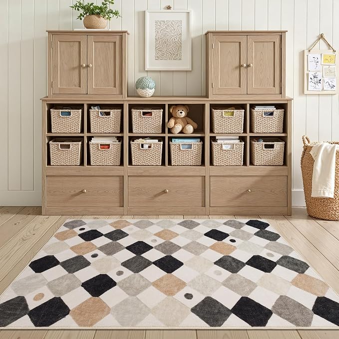 jinchan 3x5 Washable Playroom Rug for Kids Room Classroom Rug Marble | Soft, Non-Slip, Kid-Friendly, Checkered Diamond Design, Play Mat, Black White on Cream, Bedroom, Dorm, Daycare, Living Room