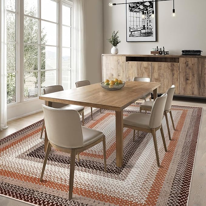 RUGSREAL Modern Rug for Entryway 3x5 Braided Washable Living Room Rug | Non Slip Small Dining Room Throw Carpet Stain Resistant Farmhouse Rustic Area Rug for Bedroom Kitchen, Brown/Rust