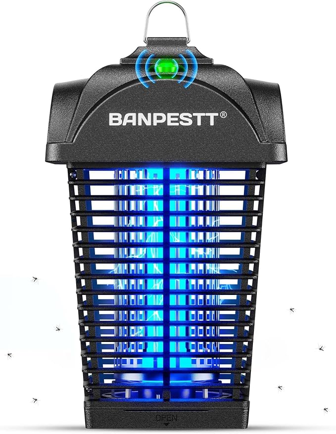 BANPESTT Bug Zapper Outdoor - Plug in Electric 4000V Mosquito Killer - Waterproof Indoor/Outdoor with Dusk-to-Dawn Sensor, Durable Grid & Easy-Clean Tray for Patio, Garden & Home (Black)
