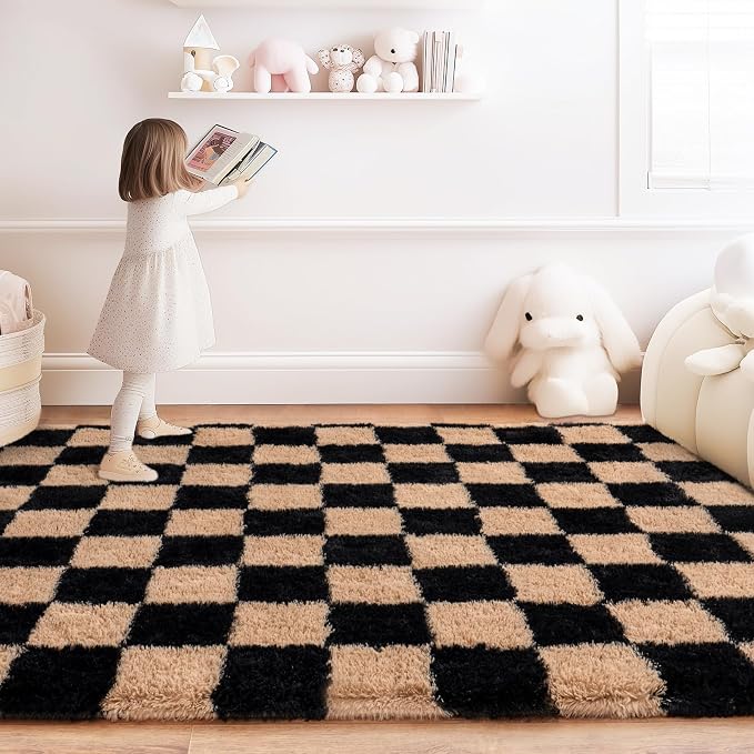 Checkered Rugs for Bedroom, Ultra Fluffy Fuzzy Shag Area Rug for Living Room 5x7, Modern Plush Soft Upgrade Non-Slip Carpet for Kids Girls and Boys Room Dorm Nursery Home Decor, Black and Beige