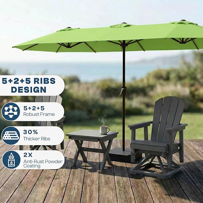 15FT Large Patio Umbrella with Base Included, Double Sided Outdoor Market Umbrella with Flexible Fiberglass Ribs, UV-Blocking Extra Large Umbrella for Garden, Pool, Deck, Apple Green