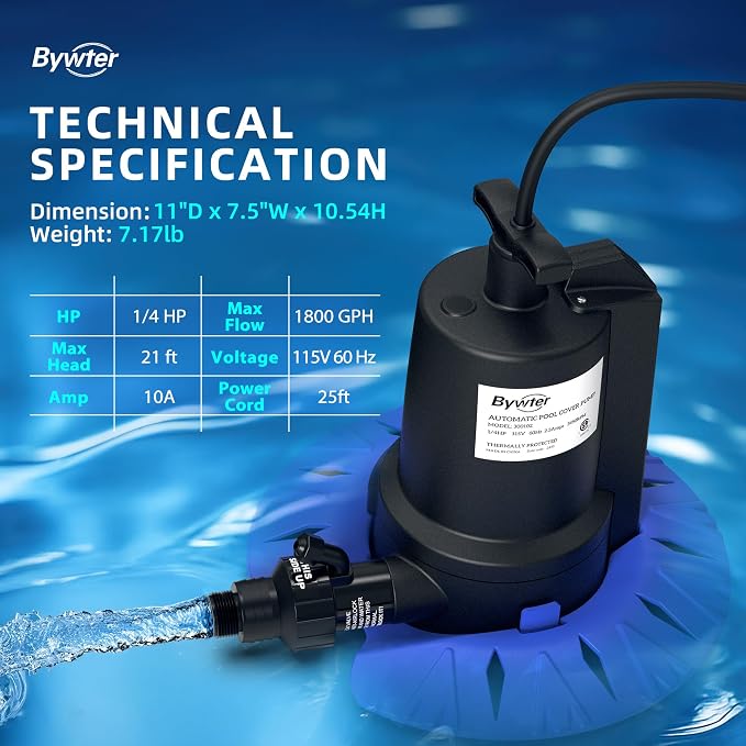 Automatic Pool Cover Pump, 1/4 HP, 1800 GPH, Check Valve, 25 FT Cord | 115V Nylon Pump Starts At 2 In And Stops At 3/8 In, Adapter Fits 3/4 In Garden Hose And 1-1/4 In Drain Hose, A Rope Included
