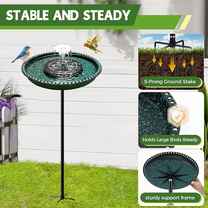 Bird Bath with Solar Powered Fountains for Hummingbirds,Stable Stylish Design with 5-Prong Base Stake Plastic Bird Bath for Outside Lawn Patio Yard Garden