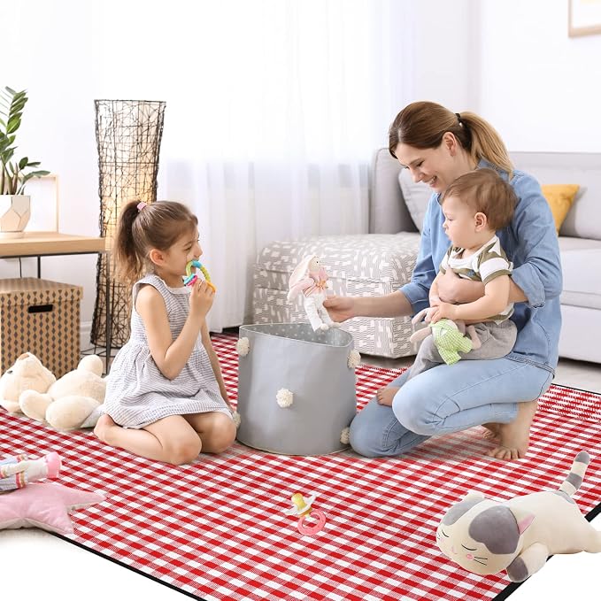 Extra Large Picnic Blanket, 80"x60" Waterproof Sandproof Beach Mat, Soft Foldable Outdoor Camping Mat with PU Carrier, Red White Plaid Portable Mat for Lawn, Grass, Travel & Park