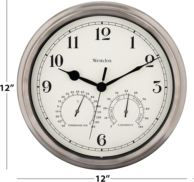 Westclox Indoor/Outdoor Wall Clock with Temperature & Humidity Gauges, Weather-Resistant, Quartz Accuracy, Battery-Powered (Silver, 12-Inch)